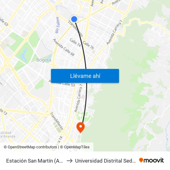 Estación San Martín (Ak 50 - Cl 86b) to Universidad Distrital Sede Macarena A map