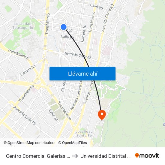 Centro Comercial Galerías Cl 52 (Ak 24 - Cl 52) to Universidad Distrital Sede Macarena A map