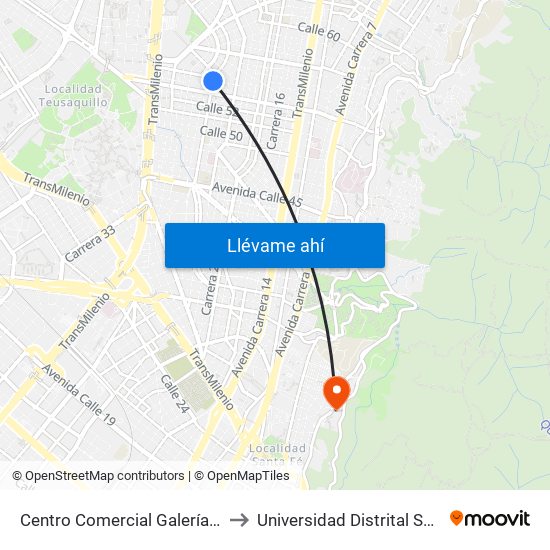Centro Comercial Galerías (Ak 24 - Ac 53) to Universidad Distrital Sede Macarena A map