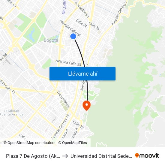 Plaza 7 De Agosto (Ak 24 - Cl 66) to Universidad Distrital Sede Macarena A map