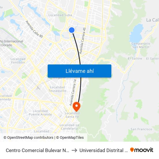 Centro Comercial Bulevar Niza (Ac 127 - Av. Villas) to Universidad Distrital Sede Macarena A map