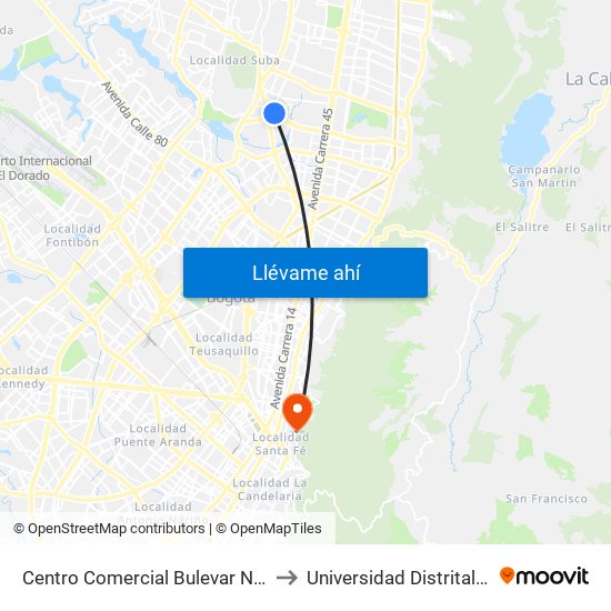 Centro Comercial Bulevar Niza (Av. Villas - Cl 127d) to Universidad Distrital Sede Macarena A map