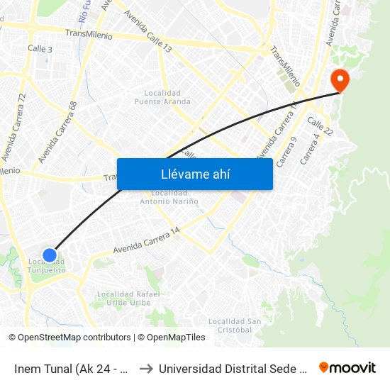 Inem Tunal (Ak 24 - Cl 52 Sur) to Universidad Distrital Sede Macarena A map