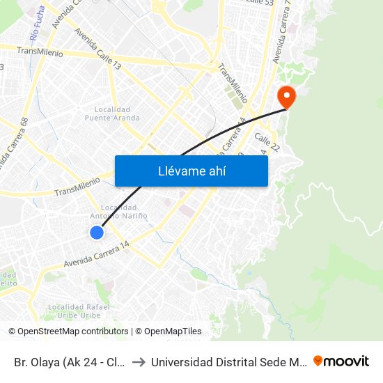 Br. Olaya (Ak 24 - Cl 27 Sur) to Universidad Distrital Sede Macarena A map