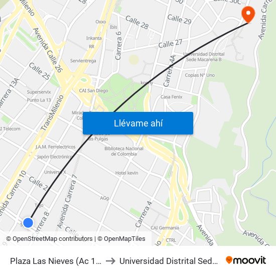 Plaza Las Nieves (Ac 19 - Kr 9) (A) to Universidad Distrital Sede Macarena A map