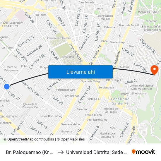 Br. Paloquemao (Kr 22 - Cl 18) to Universidad Distrital Sede Macarena A map
