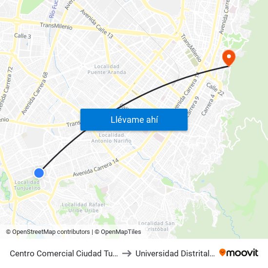 Centro Comercial Ciudad Tunal (Ak 24a - Cl 48b Sur) to Universidad Distrital Sede Macarena A map