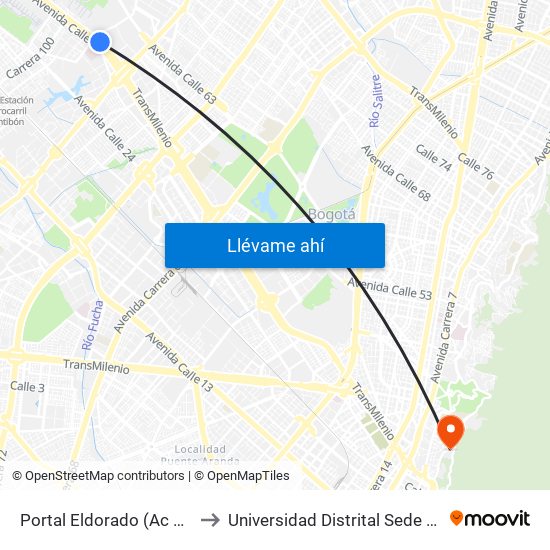 Portal Eldorado (Ac 26 - Tv 93) to Universidad Distrital Sede Macarena A map