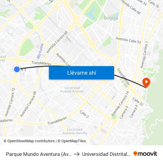 Parque Mundo Aventura (Av. Boyacá - Cl 2a Bis) (A) to Universidad Distrital Sede Macarena A map