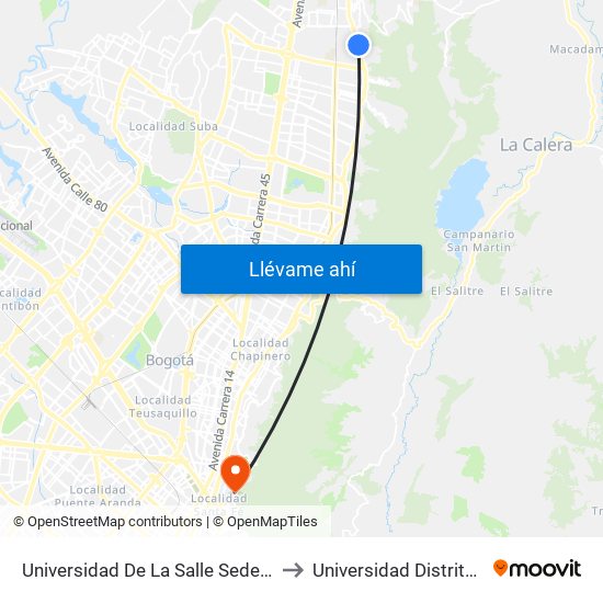 Universidad De La Salle Sede Floresta (Ak 7 - Cl 175) (A) to Universidad Distrital Sede Macarena A map