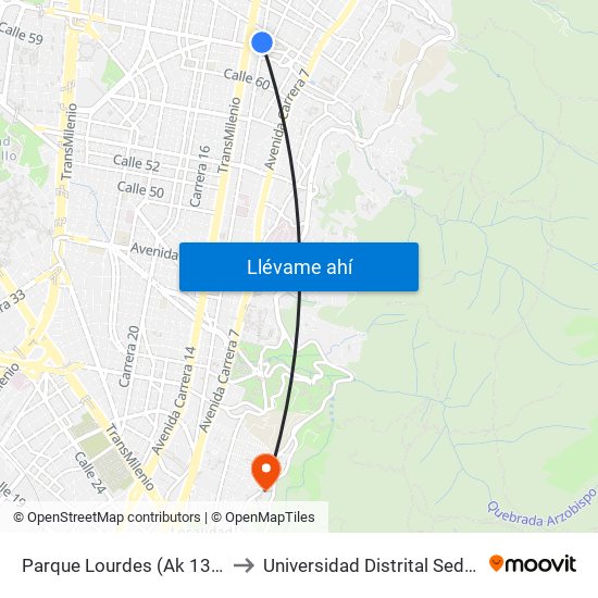 Parque Lourdes (Ak 13 - Cl 63a) (A) to Universidad Distrital Sede Macarena A map