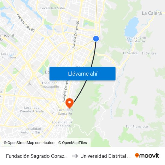 Fundación Sagrado Corazón (Ak 7 - Cl 116) (A) to Universidad Distrital Sede Macarena A map