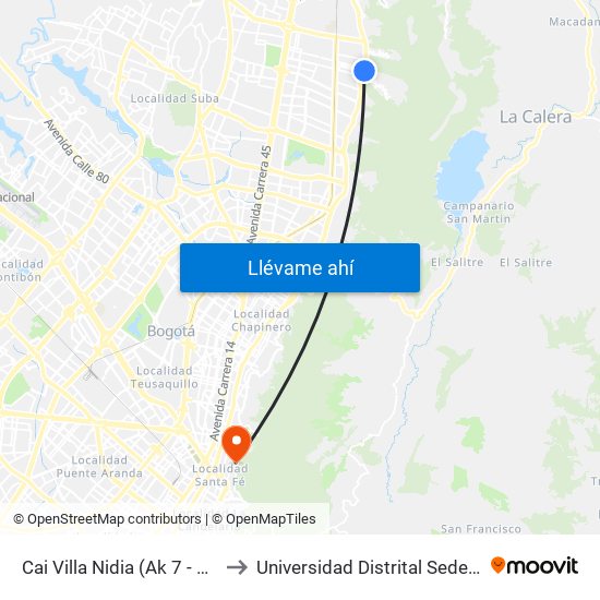 Cai Villa Nidia (Ak 7 - Cl 162a) (A) to Universidad Distrital Sede Macarena A map