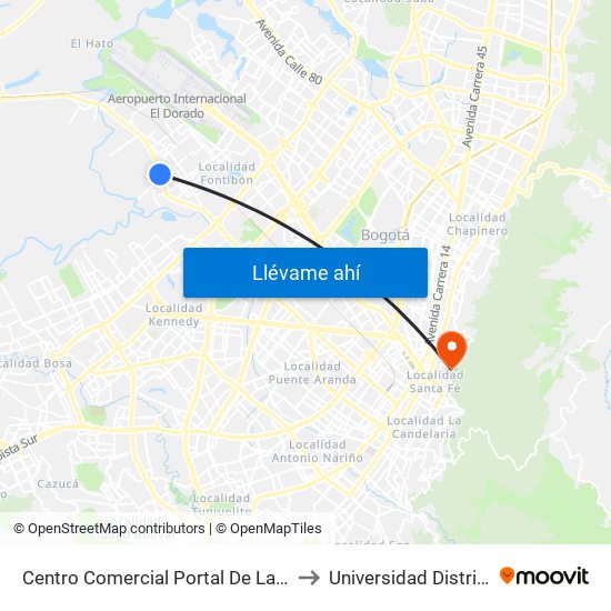 Centro Comercial Portal De La Sabana (Av. Centenario - Kr 106) to Universidad Distrital Sede Macarena A map