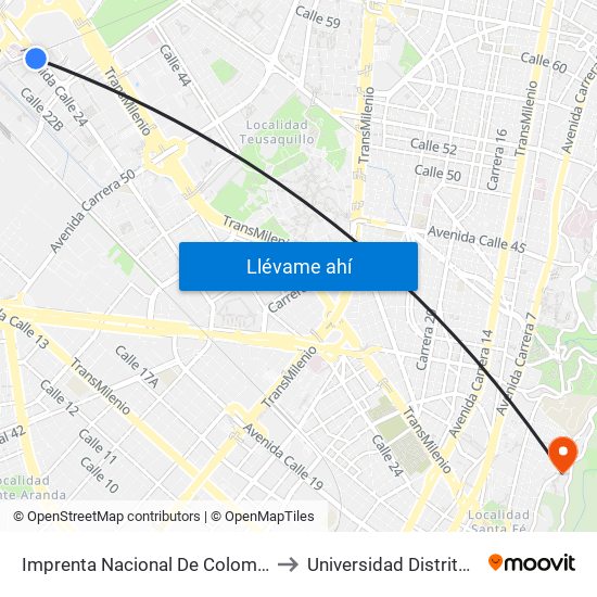 Imprenta Nacional De Colombia (Av. Esperanza - Kr 65) to Universidad Distrital Sede Macarena A map