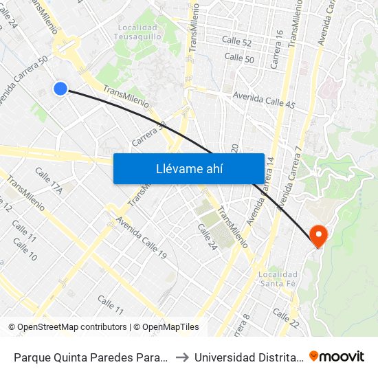 Parque Quinta Paredes Paraíso (Av. Esperanza - Kr 44) to Universidad Distrital Sede Macarena A map