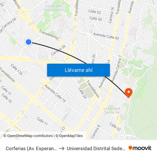 Corferias (Av. Esperanza - Ak 40) to Universidad Distrital Sede Macarena A map