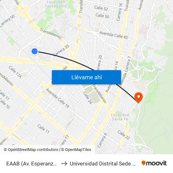 EAAB (Av. Esperanza - Kr 37) to Universidad Distrital Sede Macarena A map