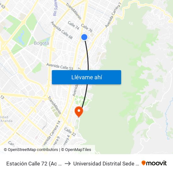 Estación Calle 72 (Ac 72 - Kr 13) to Universidad Distrital Sede Macarena A map