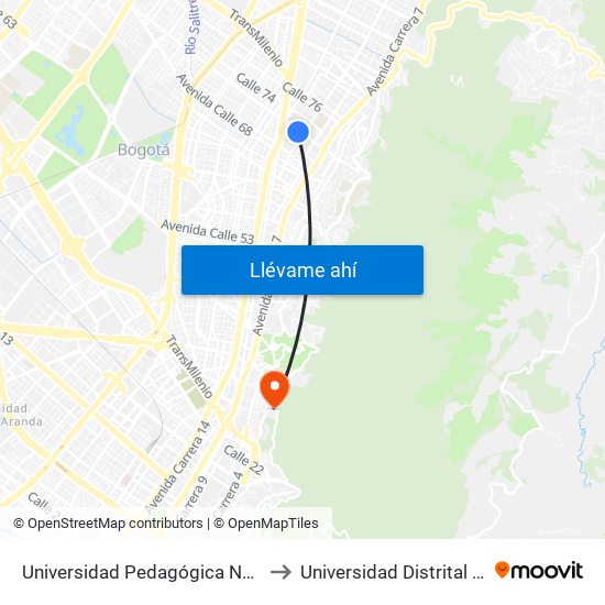 Universidad Pedagógica Nacional (Ac 72 - Ak 11) to Universidad Distrital Sede Macarena A map