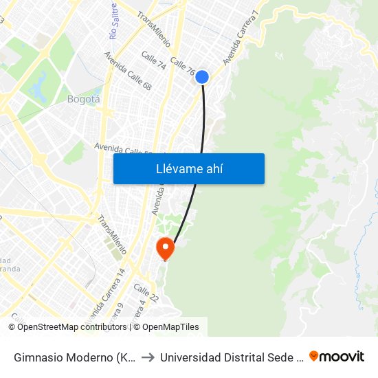 Gimnasio Moderno (Kr 9 - Cl 76) to Universidad Distrital Sede Macarena A map