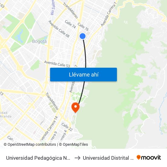 Universidad Pedagógica Nacional (Ac 72 - Ak 11) to Universidad Distrital Sede Macarena A map