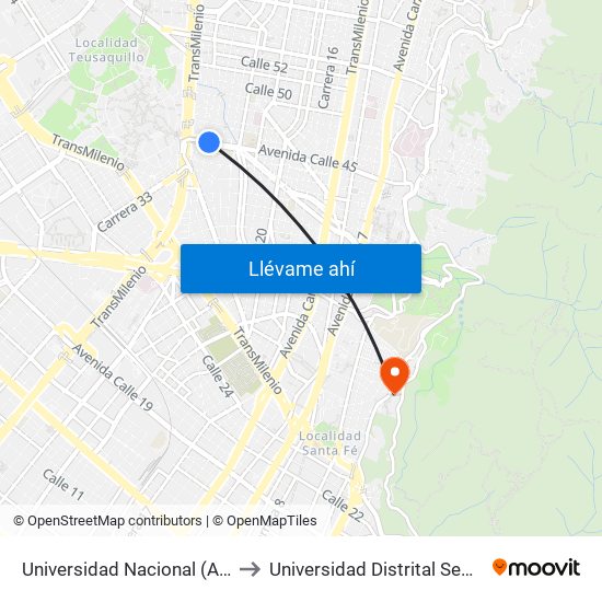Universidad Nacional (Ac 45 - Kr 27a) to Universidad Distrital Sede Macarena A map