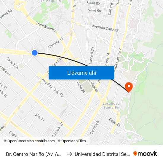 Br. Centro Nariño (Av. Américas - Ak 36) to Universidad Distrital Sede Macarena A map