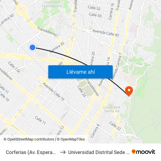 Corferias (Av. Esperanza - Kr 37) to Universidad Distrital Sede Macarena A map