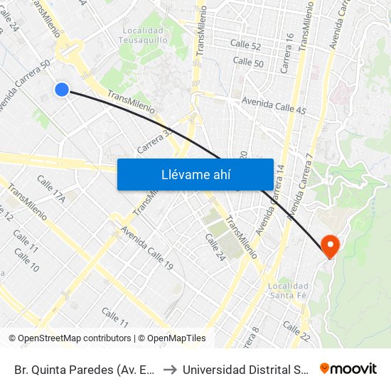 Br. Quinta Paredes (Av. Esperanza - Kr 45) to Universidad Distrital Sede Macarena A map