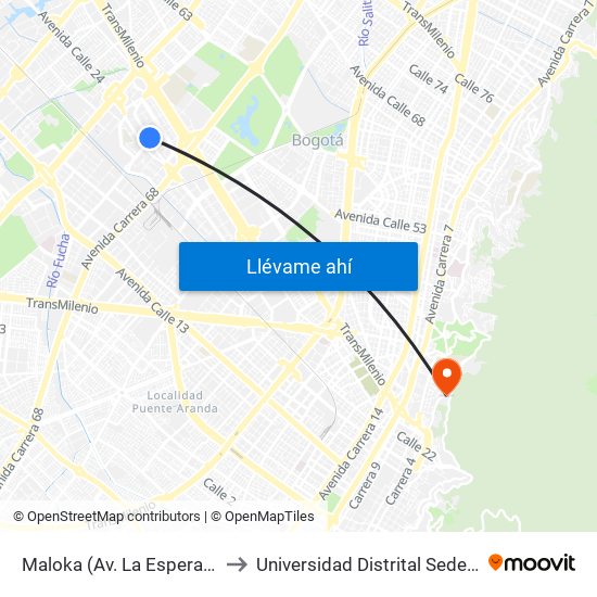 Maloka (Av. La Esperanza - Kr 69) to Universidad Distrital Sede Macarena A map