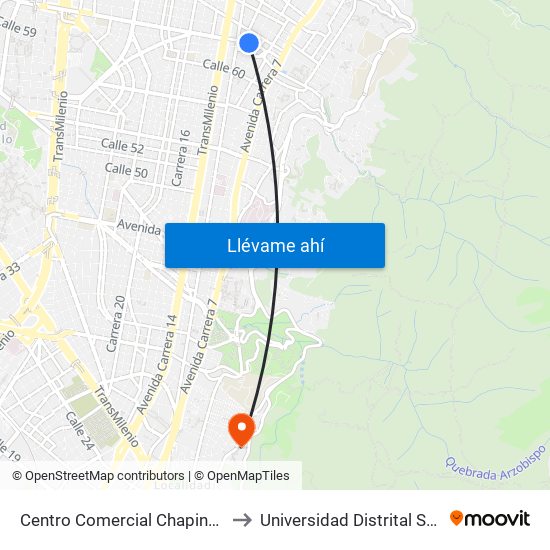 Centro Comercial Chapinero (Ac 63 - Kr 9a) to Universidad Distrital Sede Macarena A map