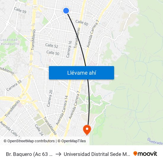 Br. Baquero (Ac 63 - Kr 19) to Universidad Distrital Sede Macarena A map