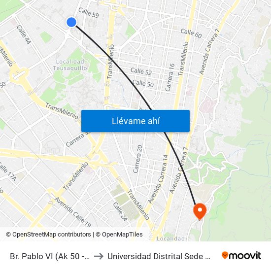 Br. Pablo VI (Ak 50 - Cl 57d) to Universidad Distrital Sede Macarena A map