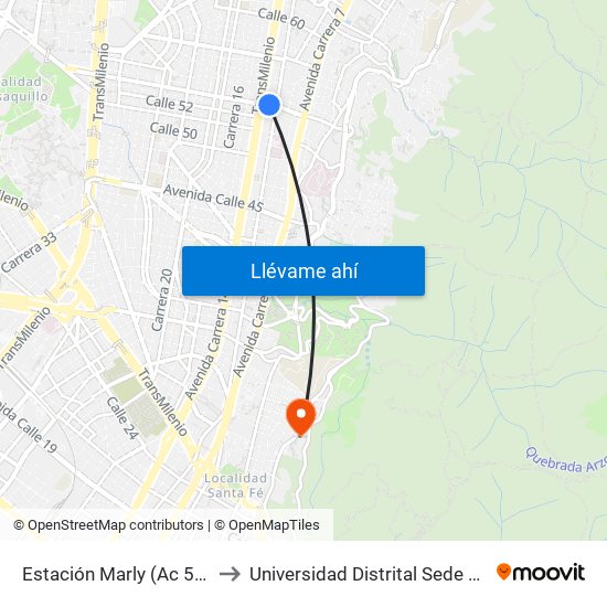 Estación Marly (Ac 53 - Ak 13) to Universidad Distrital Sede Macarena A map