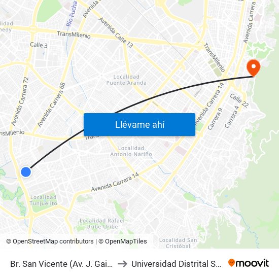 Br. San Vicente (Av. J. Gaitán C. - Cl 54 Sur) to Universidad Distrital Sede Macarena A map