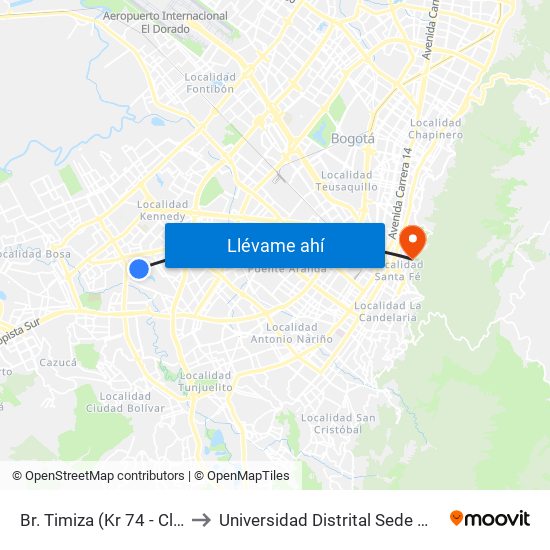 Br. Timiza (Kr 74 - Cl 42 Sur) to Universidad Distrital Sede Macarena A map