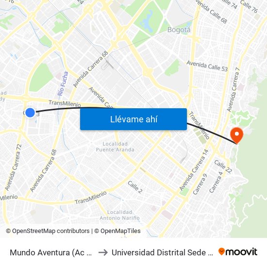 Mundo Aventura (Ac 3 - Kr 71c) to Universidad Distrital Sede Macarena A map