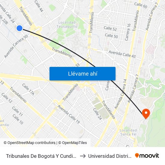 Tribunales De Bogotá Y Cundinamarca (Av. Esperanza - Kr 53) to Universidad Distrital Sede Macarena A map