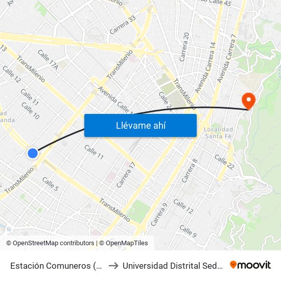 Estación Comuneros (Ac 6 - Ak 30) to Universidad Distrital Sede Macarena A map