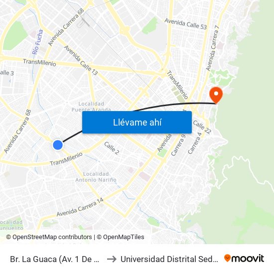 Br. La Guaca (Av. 1 De Mayo - Kr 39) to Universidad Distrital Sede Macarena A map