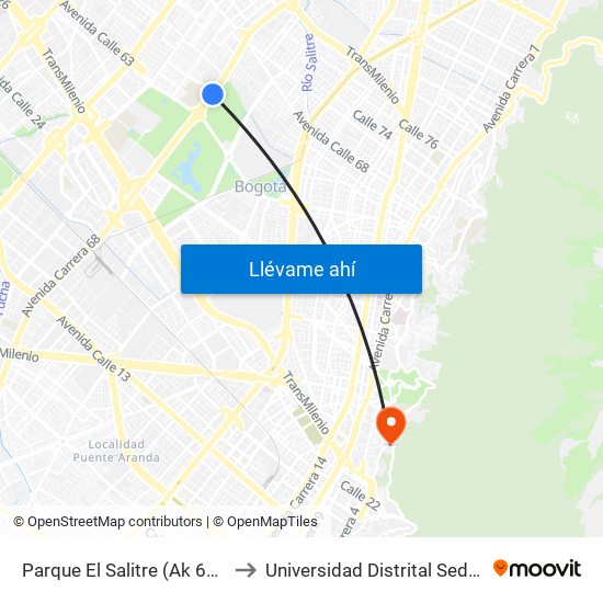 Parque El Salitre (Ak 68 - Ac 63) (A) to Universidad Distrital Sede Macarena A map