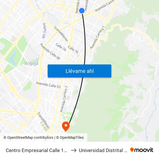 Centro Empresarial Calle 100 (Ac 100 - Tv 21) (C) to Universidad Distrital Sede Macarena A map