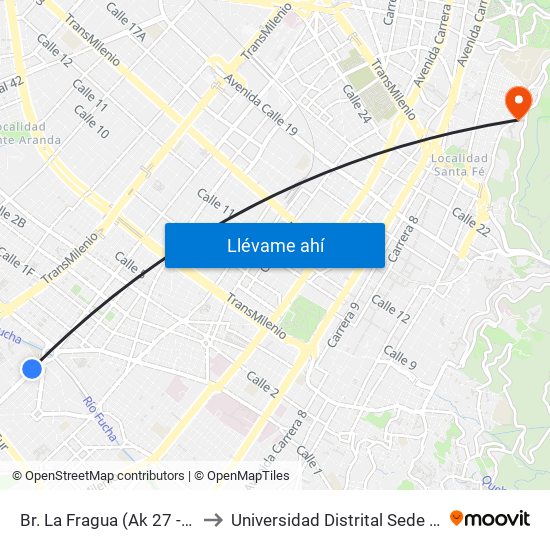 Br. La Fragua (Ak 27 - Cl 14 Sur) to Universidad Distrital Sede Macarena A map