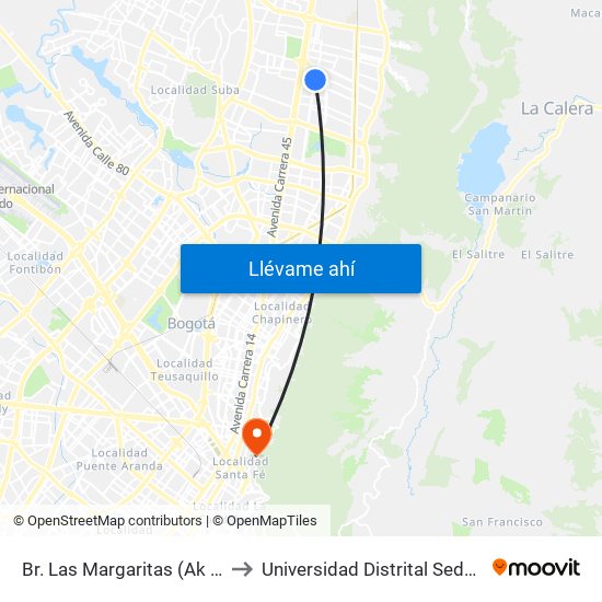 Br. Las Margaritas (Ak 19 - Cl 150) to Universidad Distrital Sede Macarena A map