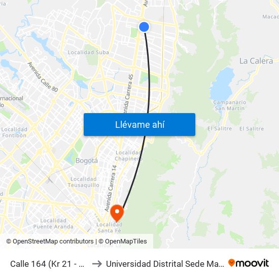 Calle 164 (Kr 21 - Cl 164) to Universidad Distrital Sede Macarena A map
