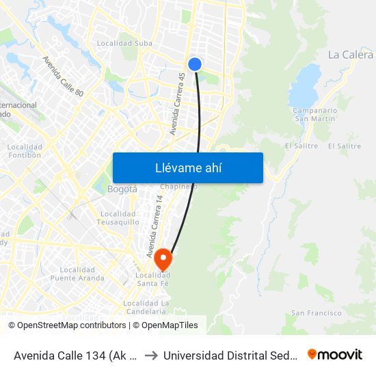 Avenida Calle 134 (Ak 19 - Ac 134) to Universidad Distrital Sede Macarena A map
