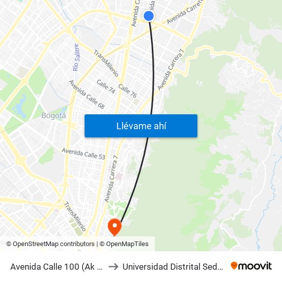 Avenida Calle 100 (Ak 19 - Ac 100) to Universidad Distrital Sede Macarena A map