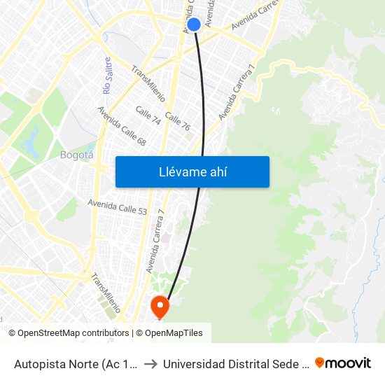 Autopista Norte (Ac 100 - Kr 21) to Universidad Distrital Sede Macarena A map