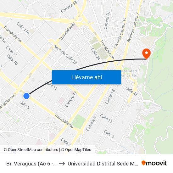 Br. Veraguas (Ac 6 - Ak 27) to Universidad Distrital Sede Macarena A map